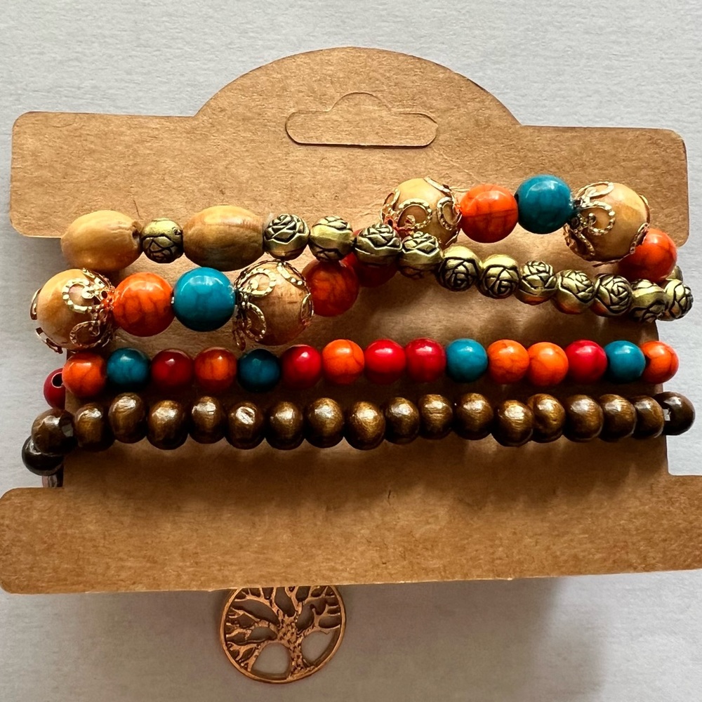 4pcs, Handmade Bohemian Wooden Bead Bracelet with Tassel Pendant.